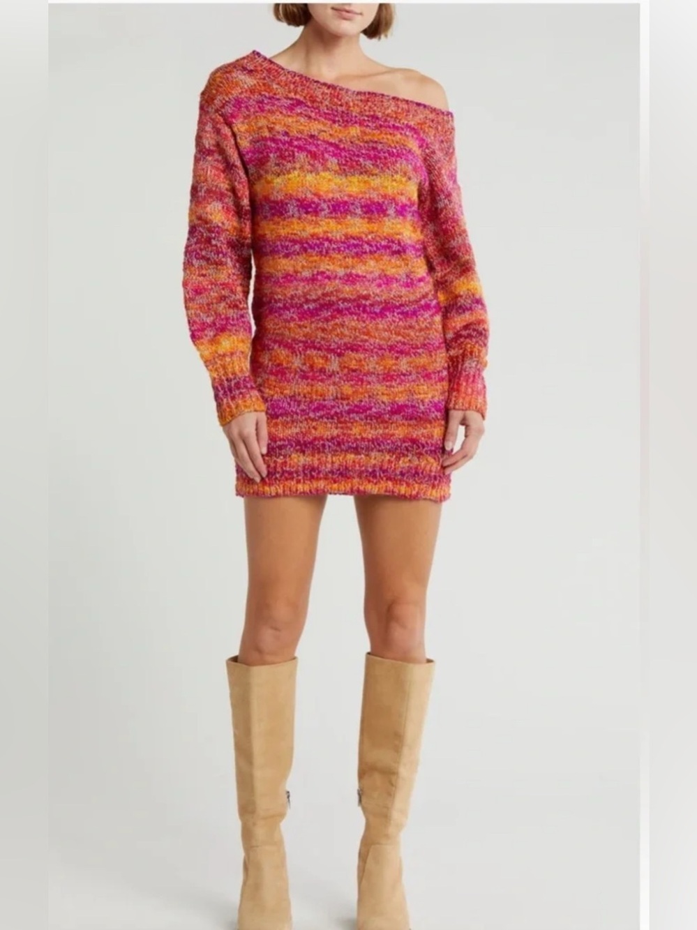 Ramy Brook Off-Shoulder Striped Knit Mini Dress in Pink & Orange